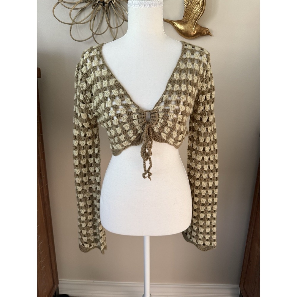 Emory Park Crochet Tie Front Cardigan Shrug Open Knit Boho Festival Size‎ S